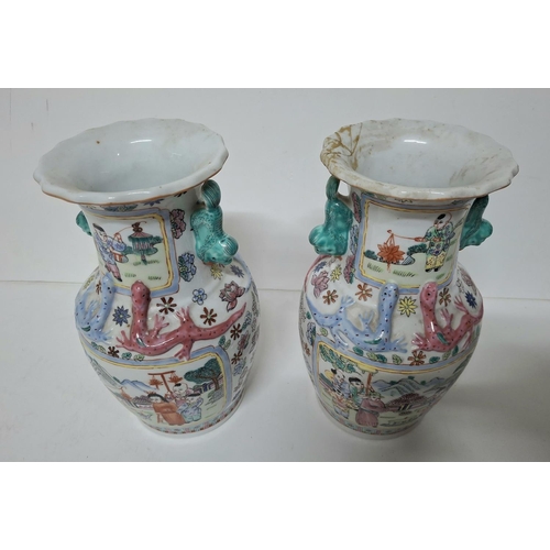 13 - Pair of hand painted Chinese vases with snake decoration (1 repaired) both marked to base (2)