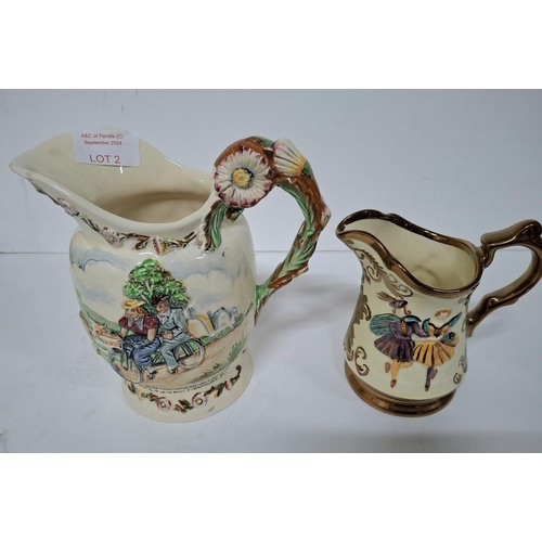 2 - Large old Crown Devon musical jug together with an old Wade jug (2)