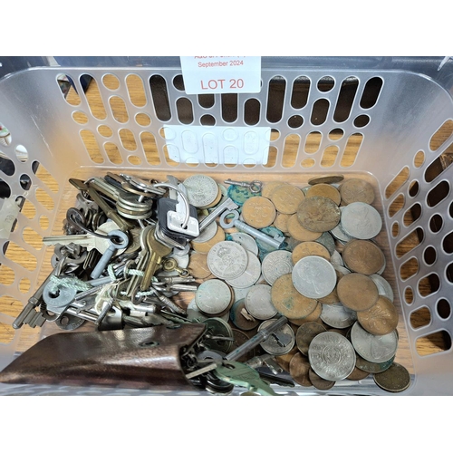 20 - Basket of 20thC British coins and a quantity of keys (Qty)