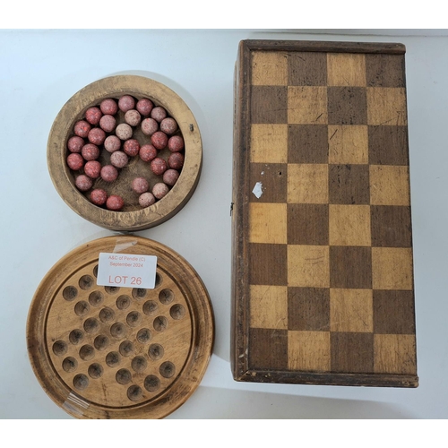 26 - Set of mid 20thC travel games included a draughts/backgammon set, a chess set and an old solitaire w... 