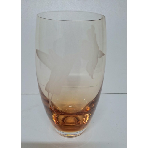 34 - Caithness etched glass vase depicting a Hummingbird at a flower