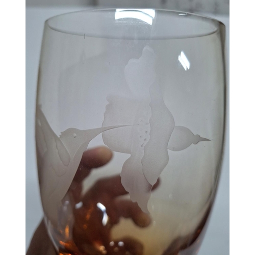 34 - Caithness etched glass vase depicting a Hummingbird at a flower