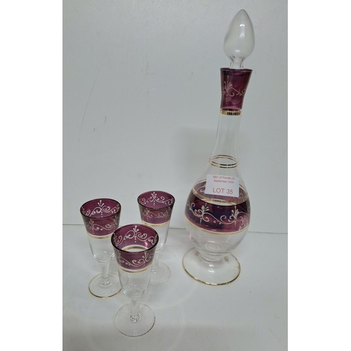 35 - Vintage Murano glass decanter and 3 associated glasses (4) Decanter is broken