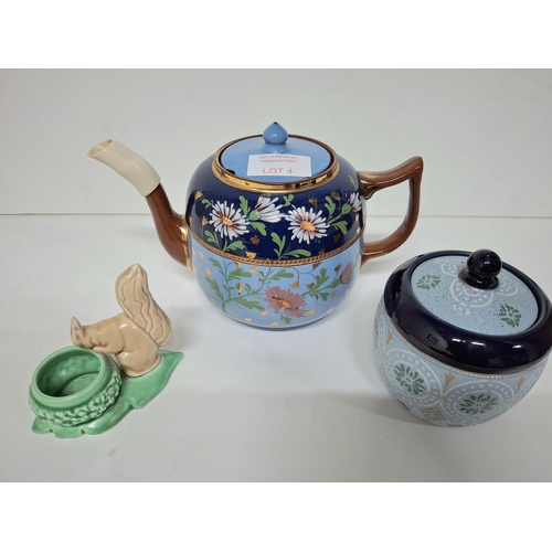 4 - Victorian hand-painted tea port together with a Sylvac Squirrel and an antique stoneware lidded jar ... 