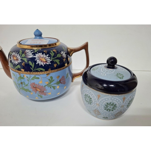 4 - Victorian hand-painted tea port together with a Sylvac Squirrel and an antique stoneware lidded jar ... 