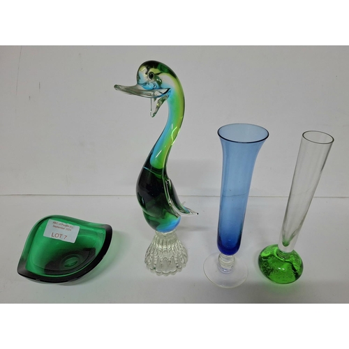 7 - Fine quality, tall Murano glass Duck together with 2 Swedish glass bud vases and a coloured glass as... 