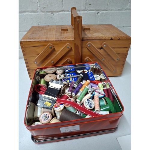 68 - Cantilever sewing box and contents together with a tin of sewing equipment (Qty)