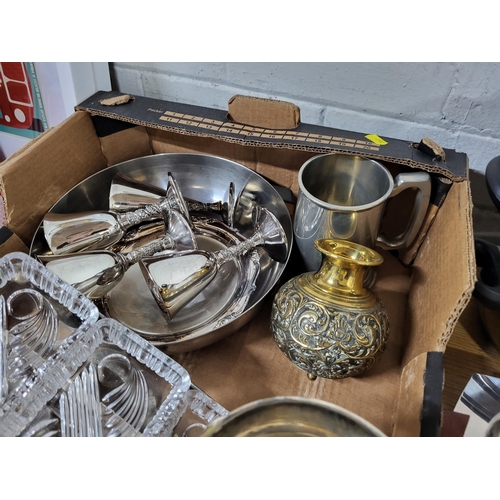 169 - Box of various metal ware including goblets, trays and pots etc (Qty)