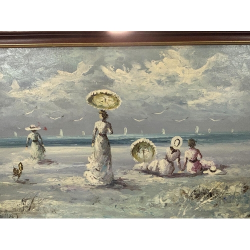 241 - French oil of women on the beach watching the ships.  Signed Thomas