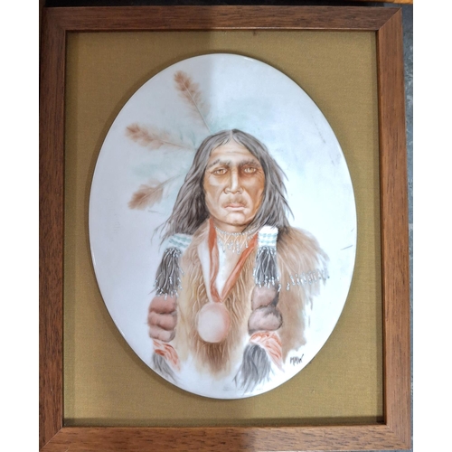 305 - Mabel Watkinson oil on milk glass oval panel of a Red Indian warrior together with a collection of f... 