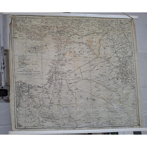 81 - Double sided middle eastern map on linen, now on a hanger, possibly WWII pilots emergency map (if sh... 