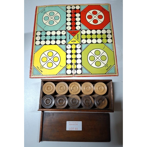 93 - Old wooden draughts set in original wooden box and double sided old board