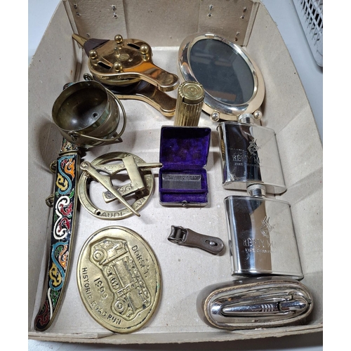 98 - Box of metal ware collectables to include a Ronson table top lighter, a fancy gagger, 2 hip flasks a... 