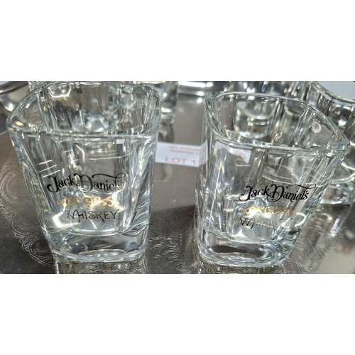 125 - Fine engraved silver plate serving tray with 6 Jack Daniels shot glasses