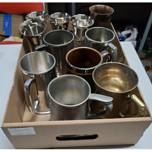 131 - Box of tankards together with a set of 4 silver plated tankards with twist stems (Qty)