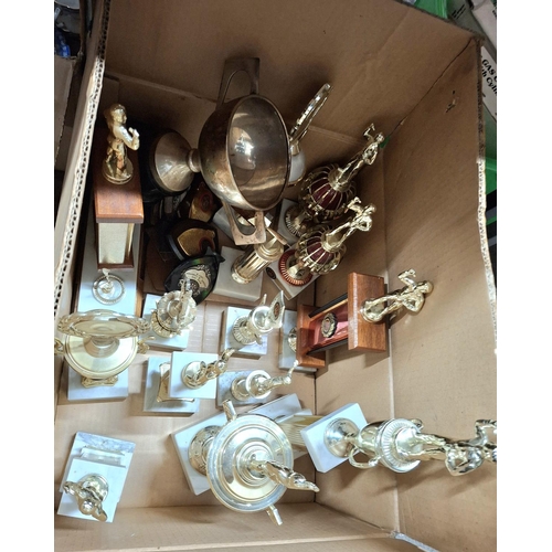 197 - Large box full of old darts trophies (Qty)