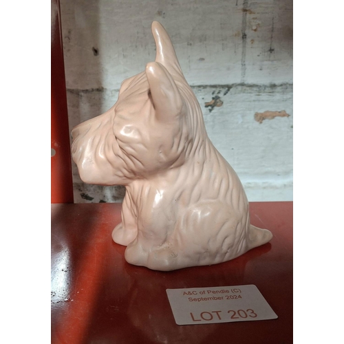 203 - Very old seated pink Terrier dog, possibly Sylvac, unmarked but with impressed marks 327 together wi... 