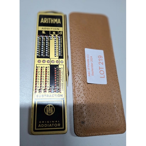 219 - Vintage Arithma Addiator - Adding Machine Calculator with Stylus and original soft cover