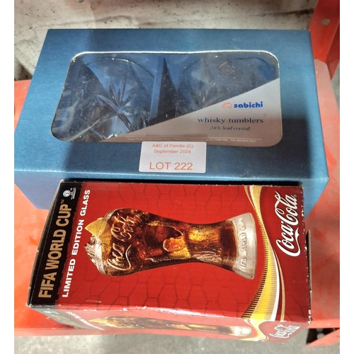 222 - Boxed limited edition FIFA world cup Coca-cola glass together with a pair of boxed Sabichi pair of c... 