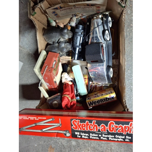 227 - Box of collectables to include vintage radios, binoculars, pair of ebonised wood Elephants, Sketch-a... 