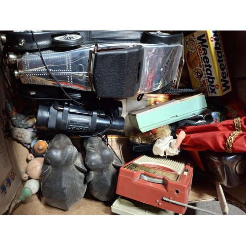 227 - Box of collectables to include vintage radios, binoculars, pair of ebonised wood Elephants, Sketch-a... 