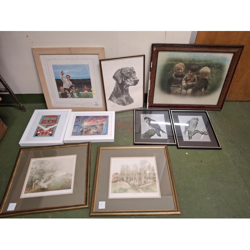 236 - Quantity of pictures, a large mid 20thC tinted photograph of children and 2 watercolours, all framed... 