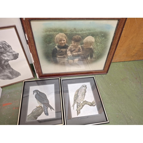 236 - Quantity of pictures, a large mid 20thC tinted photograph of children and 2 watercolours, all framed... 