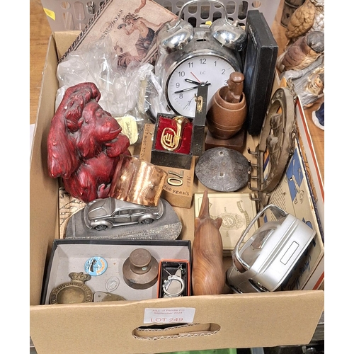 249 - Box of small collectables to include a WWII era cap badge, vintage alarm clock etc (Qty)