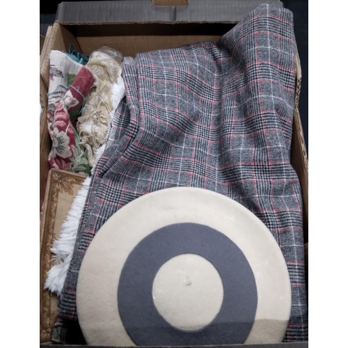 131 - Two boxes of linen etc including crochet gloves, handmade felt items, large check woolen throw etc (... 