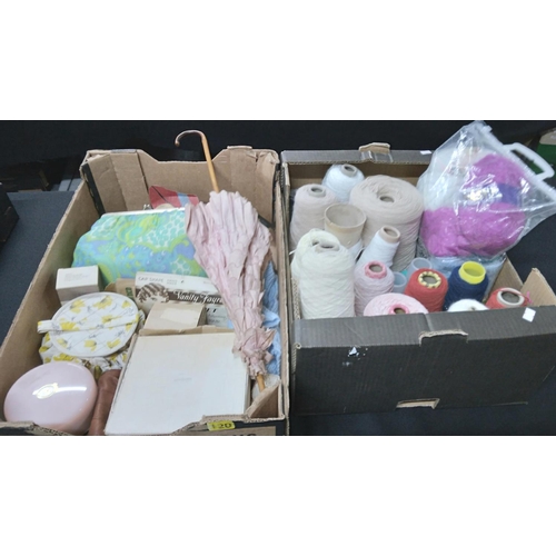 132 - Two boxes containing wool windes, quantity of wool pins, pink parasol, powder bowls & vintage bags e... 