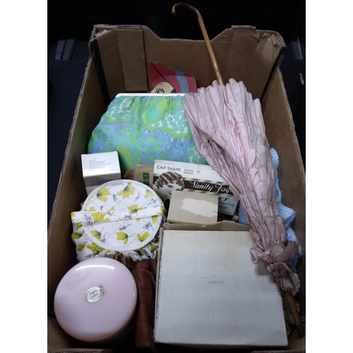 132 - Two boxes containing wool windes, quantity of wool pins, pink parasol, powder bowls & vintage bags e... 