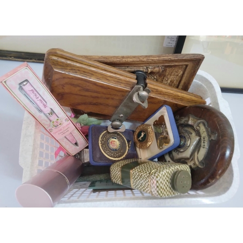 159 - Basket of collectables together with 2 framed 20thC etchings (Qty),

Please note - Basket not includ... 