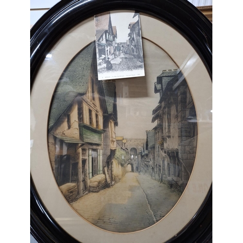 223 - Fine quality coloured etching of a Dinan, France street scene in its original ebonised wood frame to... 