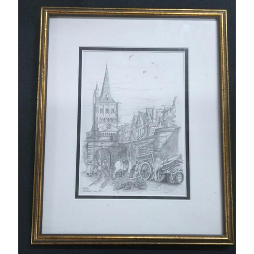 265 - Framed pencil sketch of Old Cologne, Germany