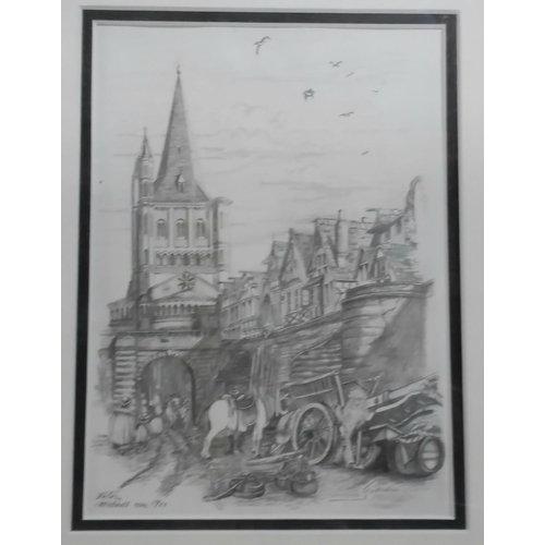 265 - Framed pencil sketch of Old Cologne, Germany