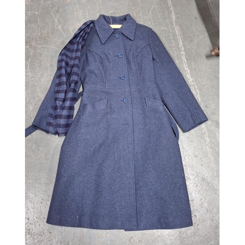 305 - Ladies long blue 70% wool coat with a matching scarf by Keynote

size 14