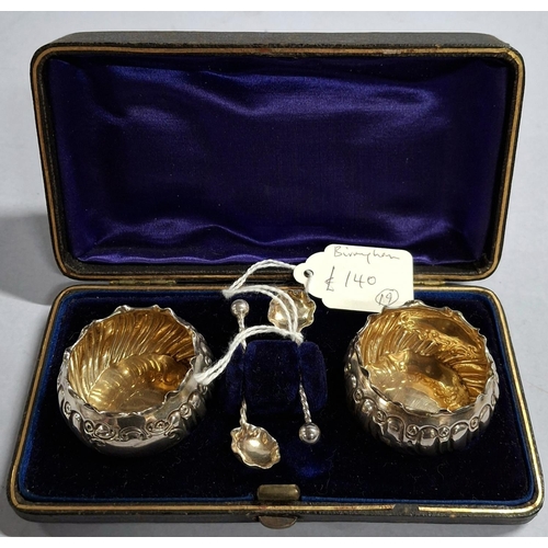 3 - Cased pair of Birmingham silver salts with appropriate spoons, circa 1905