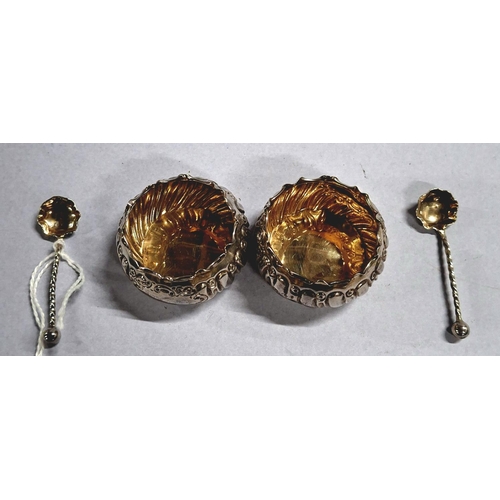 3 - Cased pair of Birmingham silver salts with appropriate spoons, circa 1905