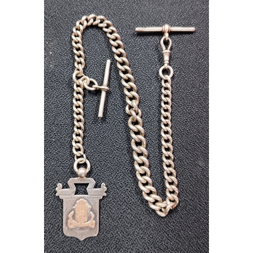 27 - A chunky hallmarked Silver albert chain with two Silver T-bars and an engraved 18th.C. Silver fob fo... 