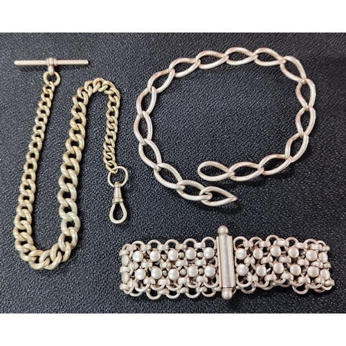 28 - A British hallmarked Silver chunky link chain together with a metal T-bar albert chain and a white m... 