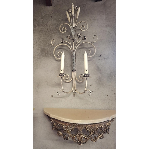 47 - Fancy modern metal shabby chic wall candle holder together with a small wall shelf in 18thC ornate F... 