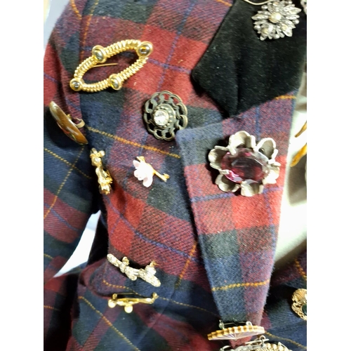 56 - Half length table top bust mannequin wearing ladies tartan jacket and displaying many brooches and a... 