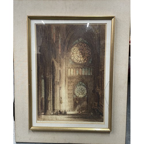 131 - Large coloured etching of the Rose window in Rheims cathedral by James Alphege BREWER
(act.c.1909-c.... 