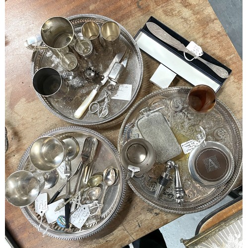 233 - Quantity of silver plate and white metal items including serving trays, goblets. bottle stoppers etc... 