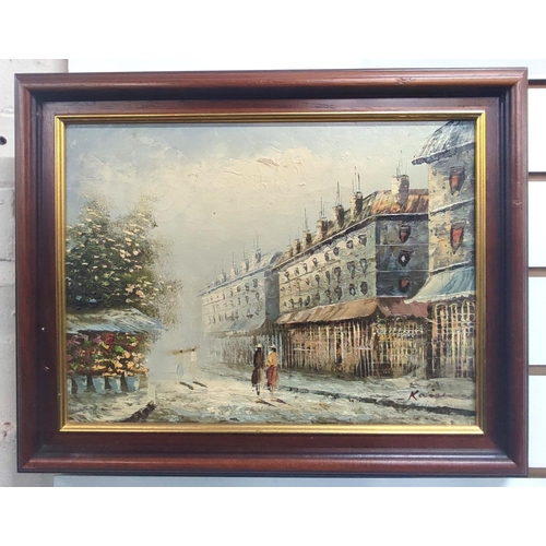 295 - A European street scene, impasto oil on canvas, signed Kaiser, 30 x 40cm