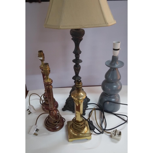 306 - Pair of column table lamps together with 2 other metal table lamps and an ceramic gourd vase type ta... 