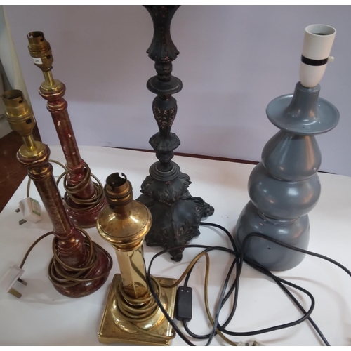 306 - Pair of column table lamps together with 2 other metal table lamps and an ceramic gourd vase type ta... 