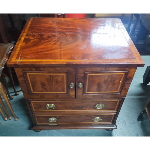 496 - Antique inlaid Mahogany commode, lidded, with two-doors above lower drop-front