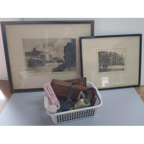 378 - Basket of collectables together with 2 framed 20thC etchings (Qty),

Please note - Basket not includ... 