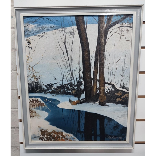 224 - Indistinctly signed, C.1977, oil on board of a winter scene, framed, 50 x 40cm